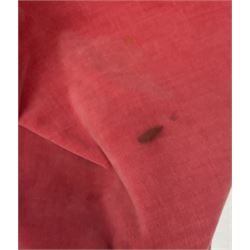 Full length 1930's childs black velvet cape, with ruched collar and red velvet lining, with a single button neck fastening 