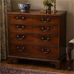 George III mahogany chest, fitted with four graduating drawers, rectangular flamed mahogan...