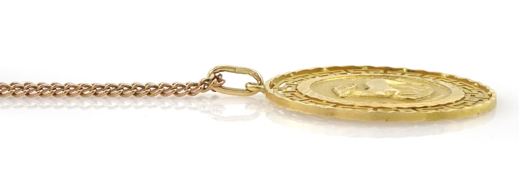 Gold Egyptian key design pendant, on 9ct gold link chain necklace