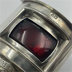 Early 20th century silver novelty inkwell, modelled as a ship's port lantern, with swing handle, convex red glass panel and hinged cover opening to reveal a glass liner, hallmarked Samuel Jacob, London 1911, height not including handle H8.5cm