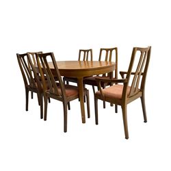 Nathan - mid-20th century teak oval extending dining table (W152cm D99cm H75cm); and Nathan - set six (4+2) mid-20th century teak high slat-back chairs, seats upholstered in light red fabric (W55cm H96cm)