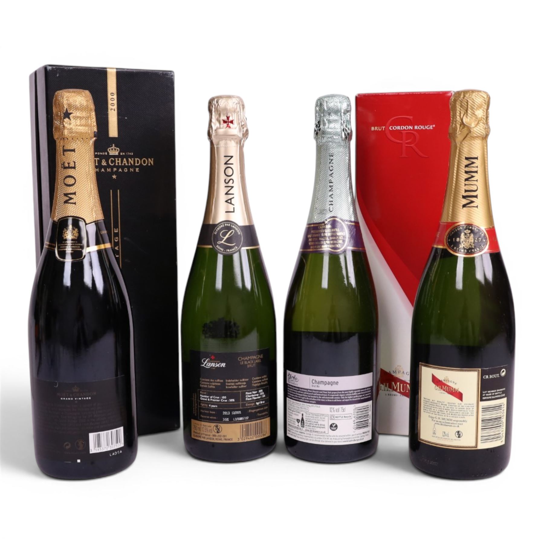 Moet & Chandon 2000 grand vintage champagne, G.H. Mumm brut cordon rouge champagne and two others, various contents and proof