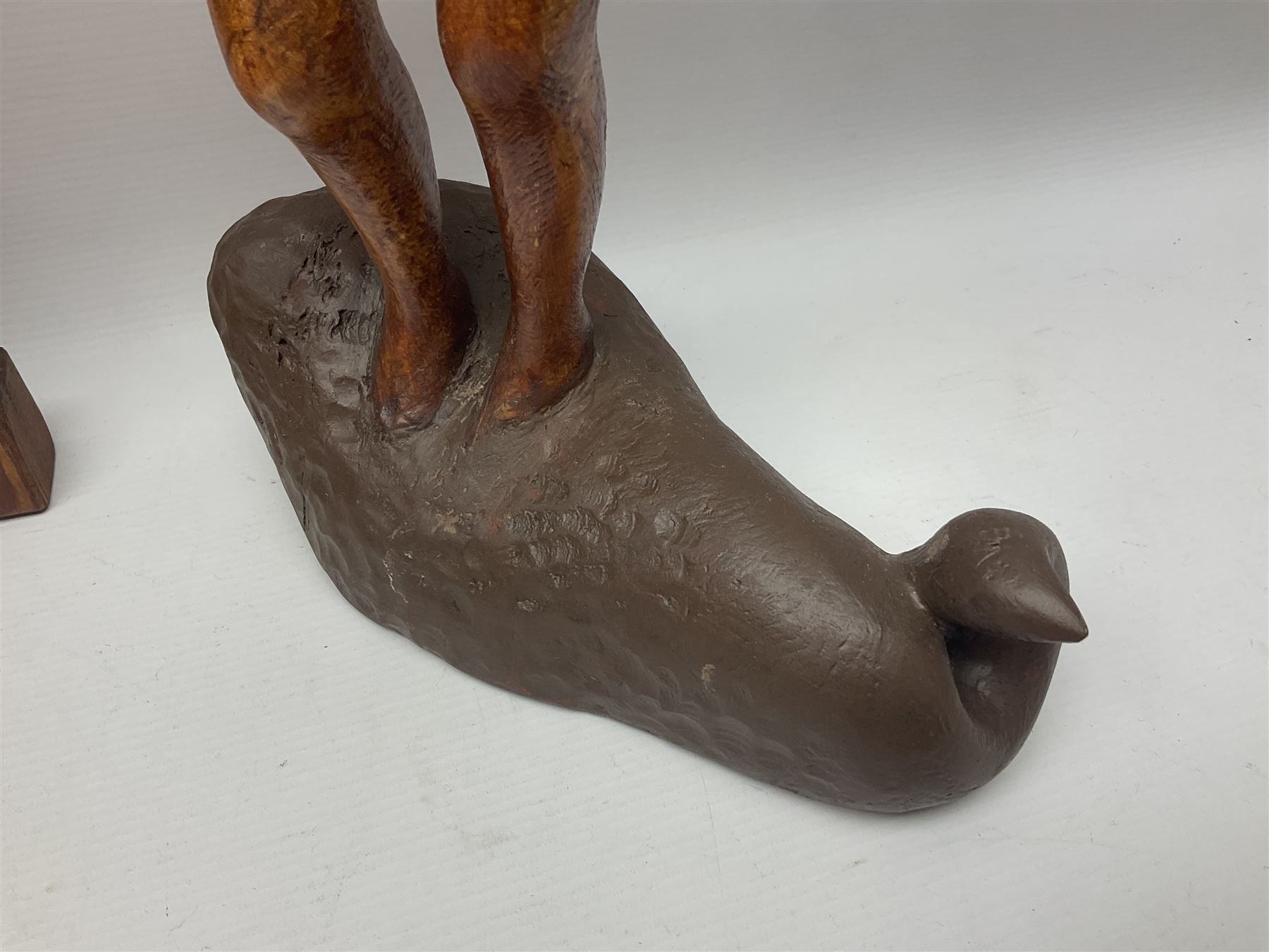 Helen Skelton (British 1933 – 2023): Three carved wooden abstract sculptures, each modelled as a a figure, tallest H52cm. Born into an RAF family in 1933 in Kent and travelled the world extensively during her childhood. After settling in Bridlington, Helen immersed herself in painting, textiles, and wood sculpture, often inspired by nature's beauty. Her talent was showcased in a one-woman show at Sewerby Hall and recognised with the sculpture prize at Ferens Art Gallery in 2000. Sadly, Helen’s daughter passed away from cancer in 2005. This loss inspired Helen to donate her sculptures to Marie Curie upon her passing in 2023.