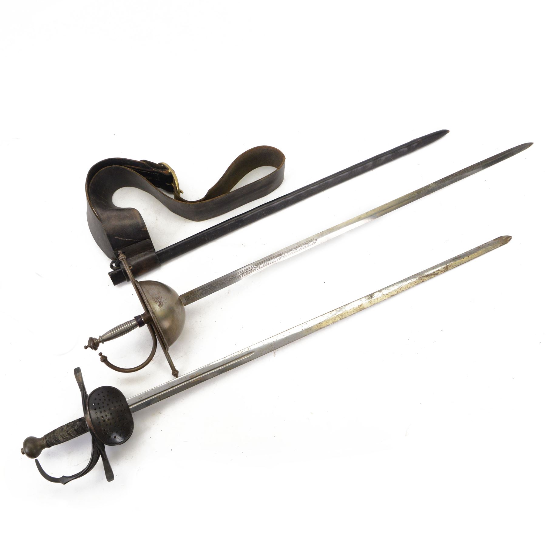 Pappenheimer rapier with L98cm double edged blade, looping narrow bar guard and wire bound grip together with Cup guard rapier, stamped Toledo in leather scabbard 