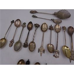 Set of six 1920s silver coffee bean spoons, together with a collection of silver souvenir and similar spoons, including two filigree examples, all tested or hallmarked
