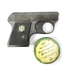 Em-Ge top venting blank firing starting pistol, boxed; and quantity of crimped blanks in ICI tin