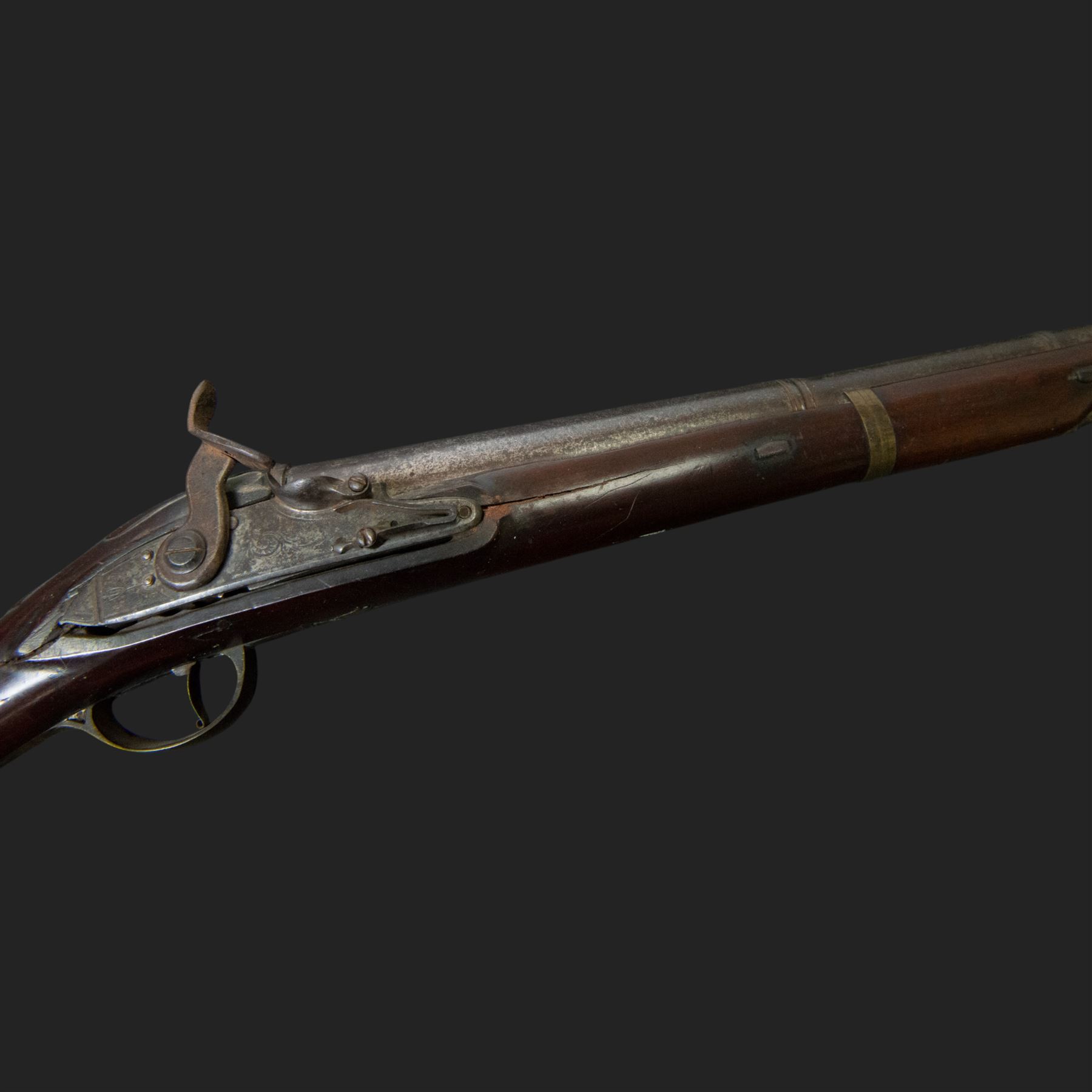 19th century Indian Brown Bess style flintlock musket, the 138cm round steel barrel ram rod beneath, overall L174cm