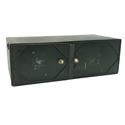  Vintage green finish two door locker unit, with brass door handles and black side handles, W91cm, H30cm, D46cm    