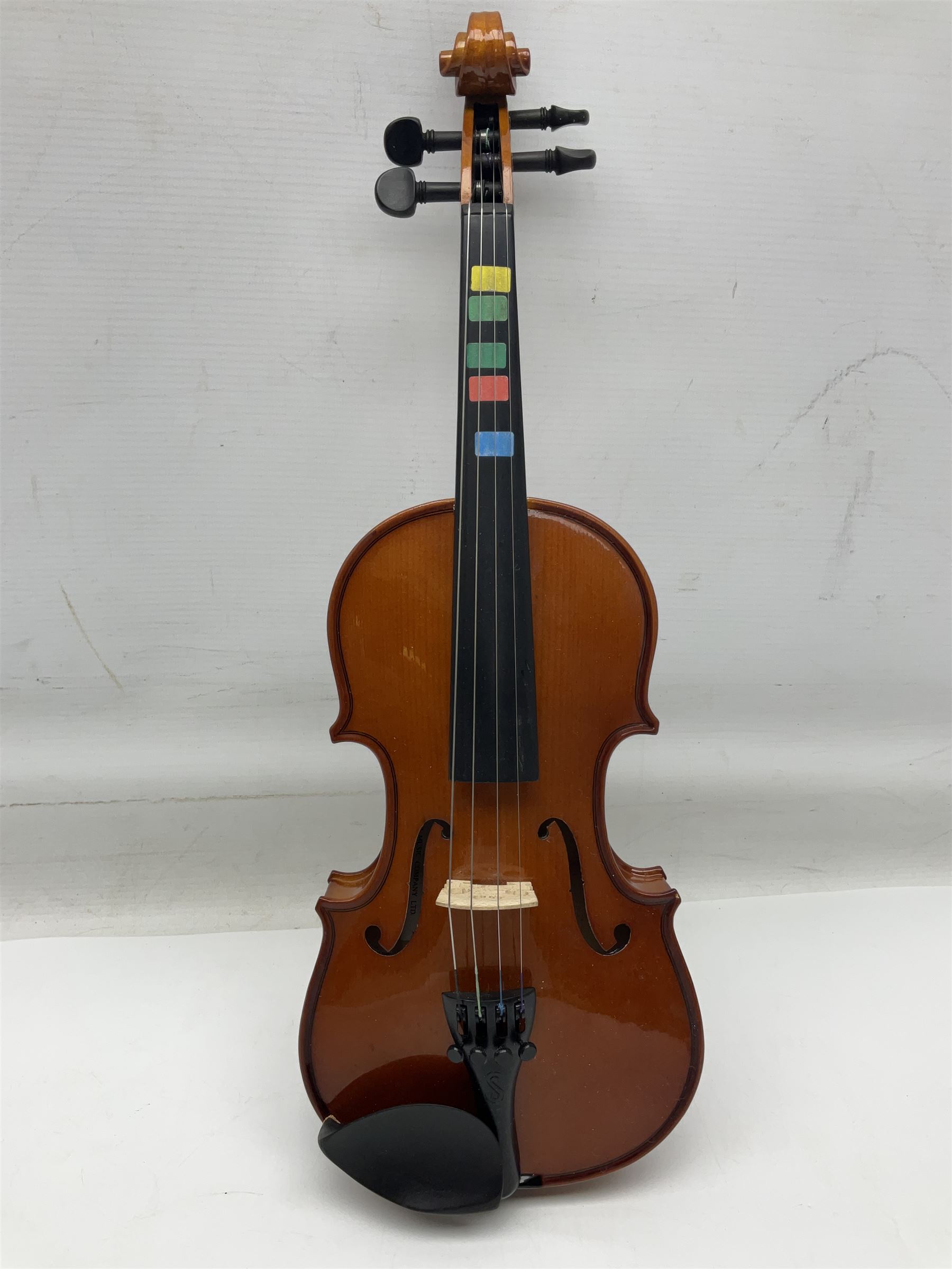 Four student violins - two Chinese three-quarter size with 33.5cm and 34cm two-piece backs; Stringers of Edinburgh quarter size with 28cm two-piece back; and Stentor quarter size with 28cm two-piece back; each in carrying case (4)