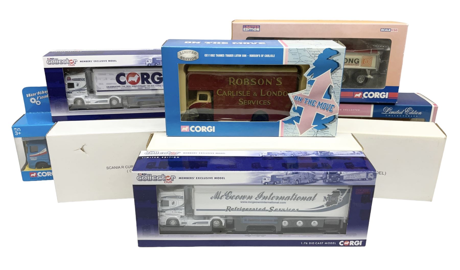 Corgi - nine lorries comprising CC13609 DAF CF Tipper Thomas Armstrong Holdings Ltd; CC12415 Volvo FH Globetrotter Bulk Tipper Hinchcliffe; CC11002 Thames Trader Luton Van Robson's of Carlisle; Hornby Car Transporter; and five Collector's Club Models; all boxed but three Club models in delivery packaging only (9)