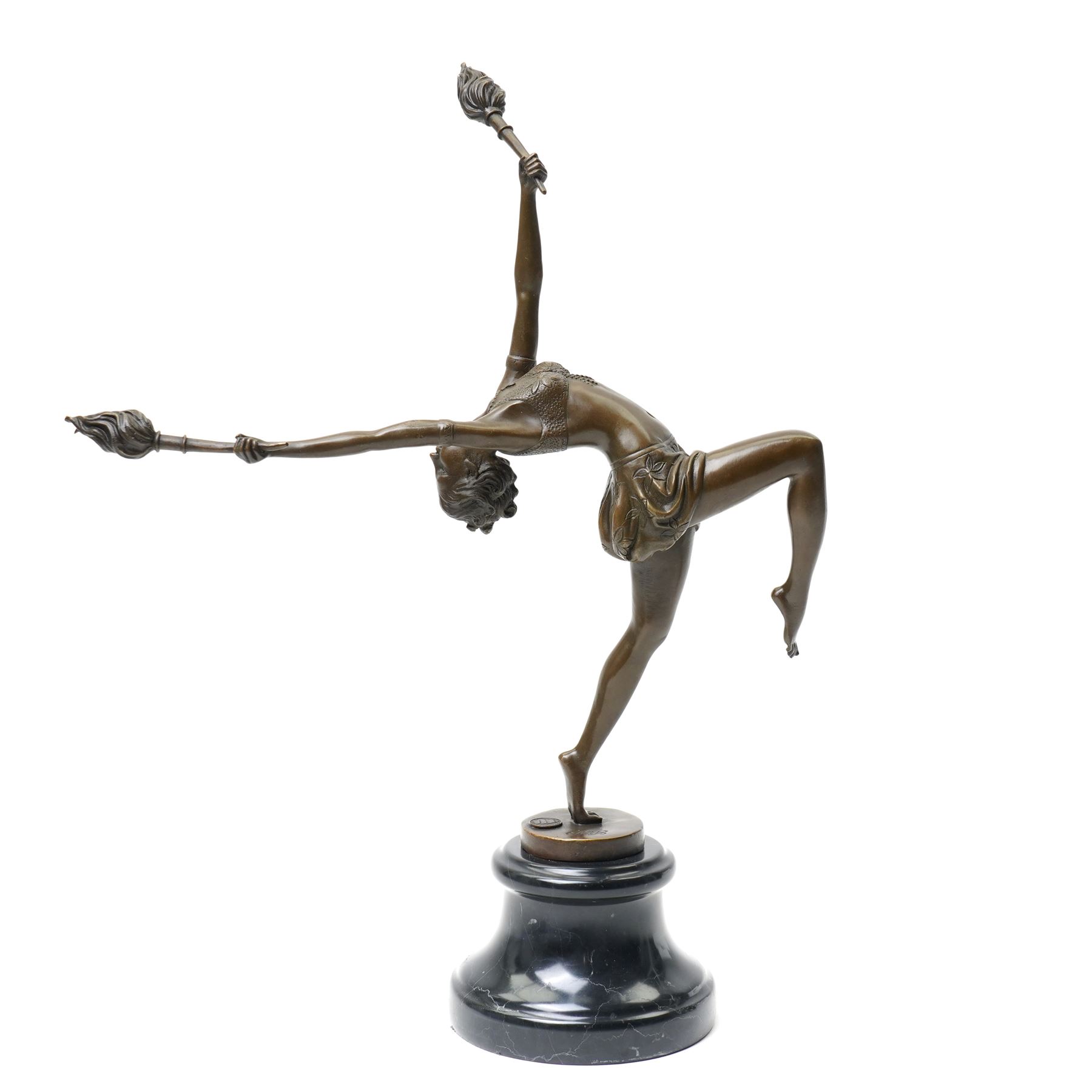 Art Deco style bronze figure of a female dancing with flame torches, raised upon marble socle base, signed F. Paris, H43cm