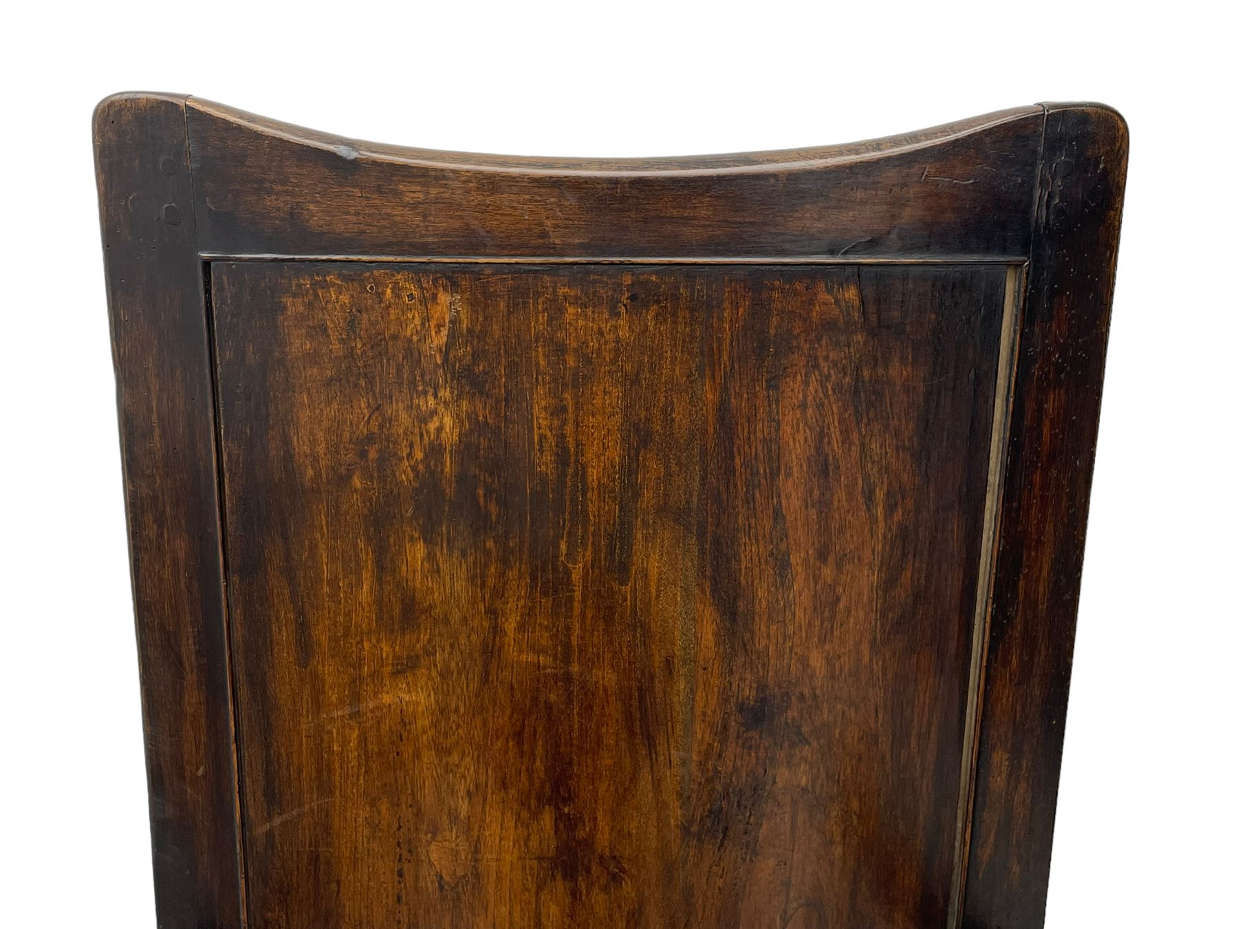 18th century elm box-seat lambing chair, dished cresting rail over panelled back, panelled hinged lid flanked by two turned arm supports