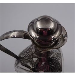 20th century Mexican silver overlaid Dimple whisky decanter/jug with stopper, the glass body overlaid with pierced floral silver decoration, with silver C handle and silver stopper, stamped 925 to base, H23.5cm