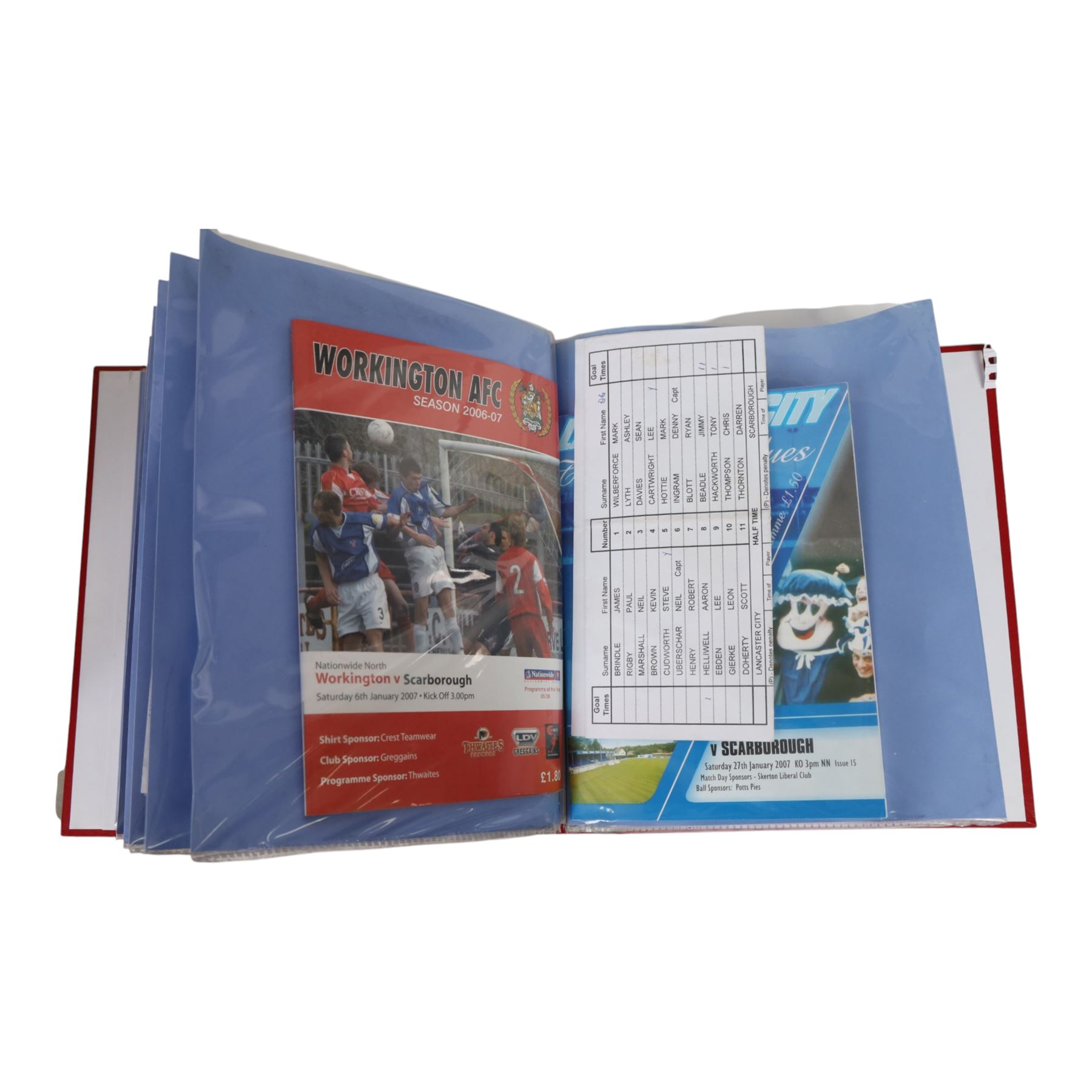 Comprehensive collection of approximately two hundred and thirty Scarborough FC football programmes for the 2003/04, 2004/05, 2005/06 and 2006/07 seasons, all filed within eight dedicated Scarborough FC red Home and Away binders