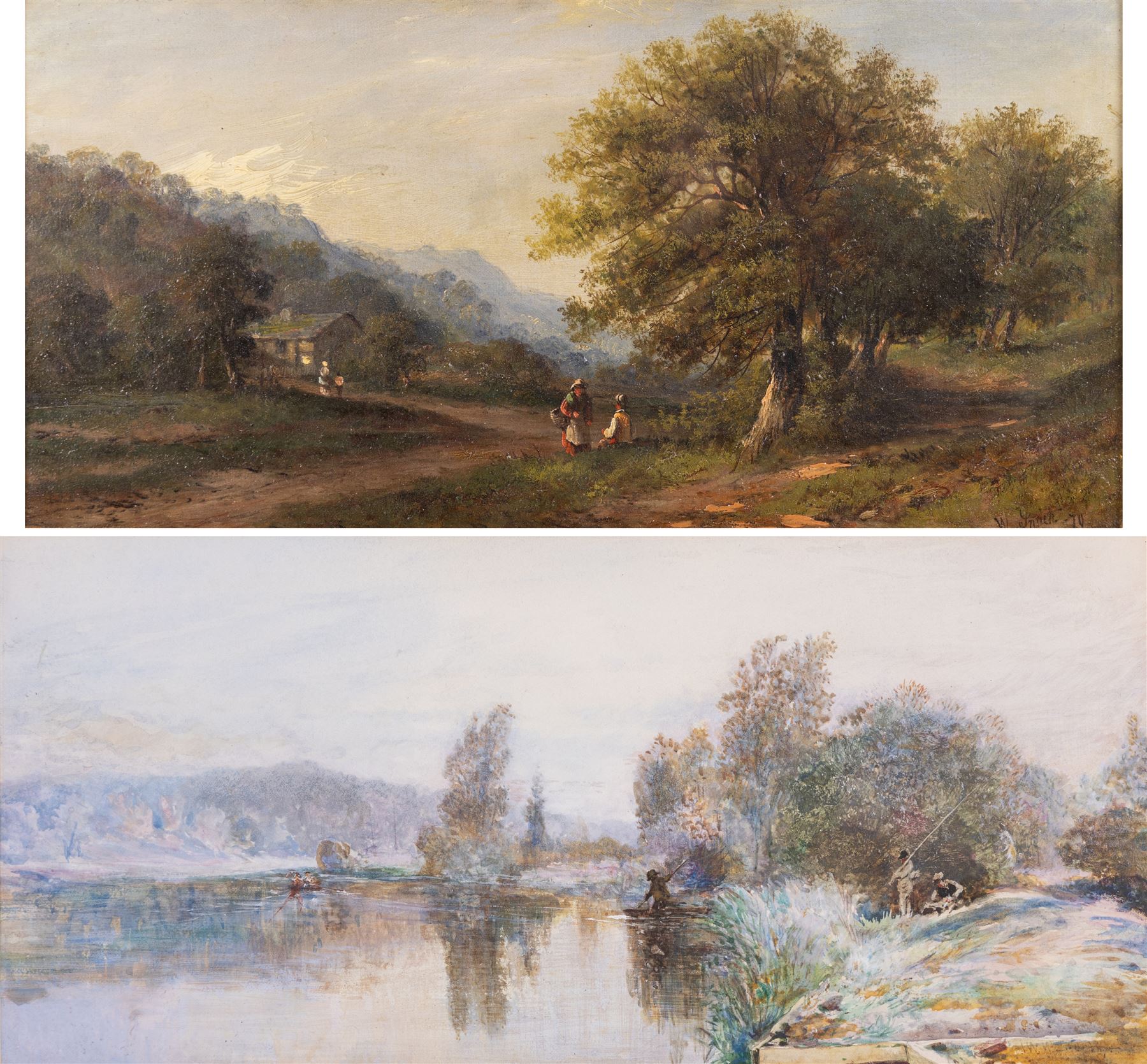 Thomas Walter Wilson (British 1851-1912): Fishermen By the River, watercolour faintly signed 16cm x 34cm;W Smith (British 19th Century): Forest Path, oil on canvas signed and dated '70, 19cm x 39cm (2)
