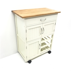 Painted pine kitchen trolley, single drawer above three cupboard and nine bottle wine rack, W67cm, H83cm, D38cm