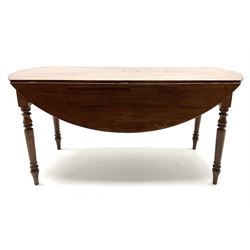 19th century mahogany drop leaf table, fitted with two long drawers raised on turned and fluted supports 