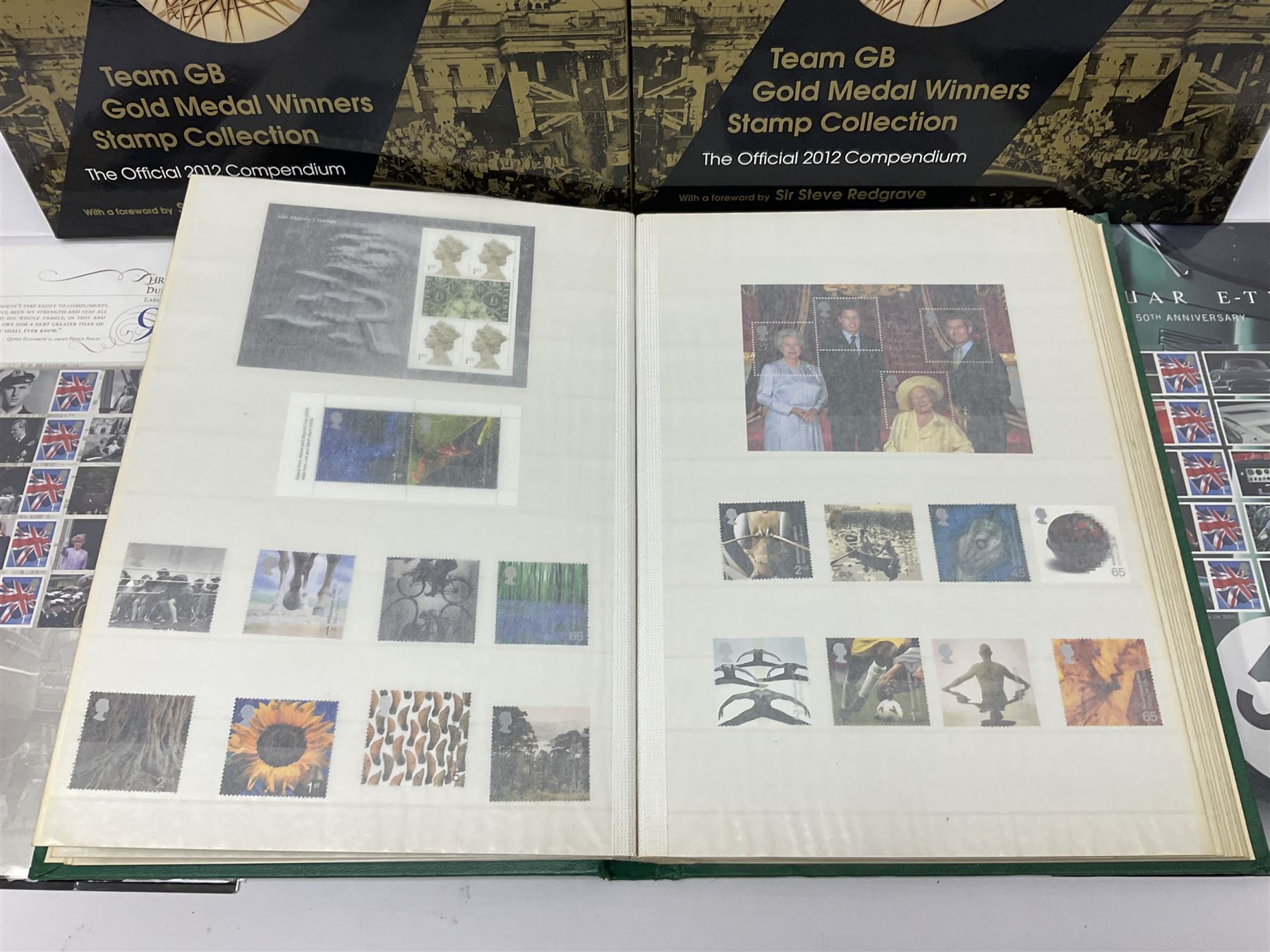 Queen Elizabeth II mint decimal stamps, mostly London 2012 Olympic games 1st class, face value of usable postage approximately 535 GBP