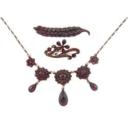 Victorian and later rose gold-plated garnet pendant necklace, leaf brooch and flower brooch 