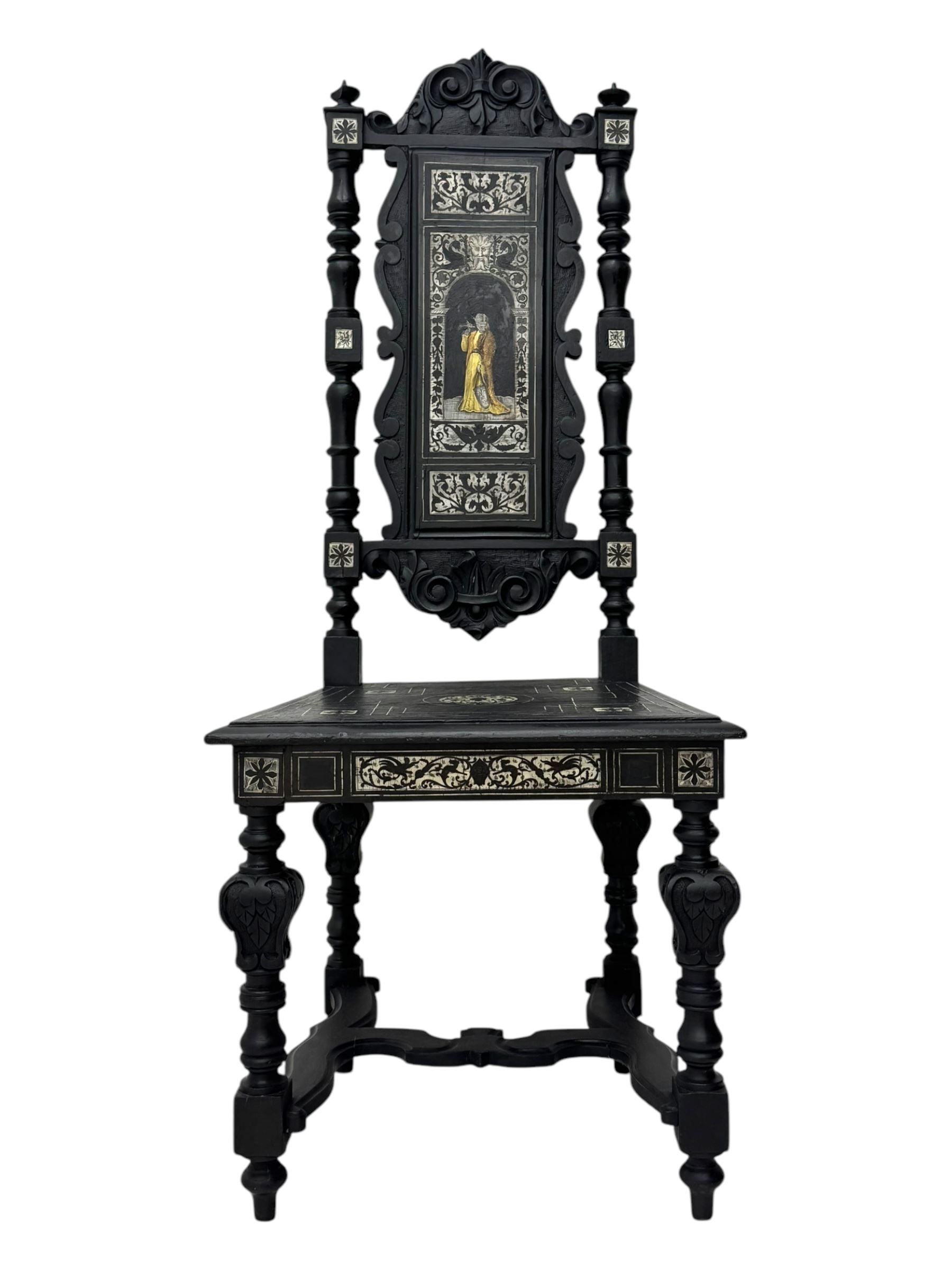19th century Italian ebonised side chair, the backrest inlaid with bone and decorated with a painted figure in Renaissance dress within an arched reserve, flanked by turned supports and scrolled cresting, the seat and frieze similarly inlaid, raised on turned legs with shaped stretchers