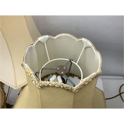 Green onyx and gilt metal table lamp decorated with puttos, together with gilt jardiniere stand and two other table lamps, stand H62cm