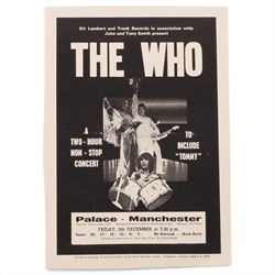 The Who ephemera, comprising Maximum R&B Tuesdays at the Marquee Live at Leeds album poster, two flyers for concerts in Manchester and Leeds and a 1975 tour programme