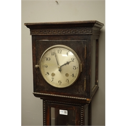  20th century electric clock, silvered circular Arabic dial in glazed oak longcase style case with pendulum, H164cm  