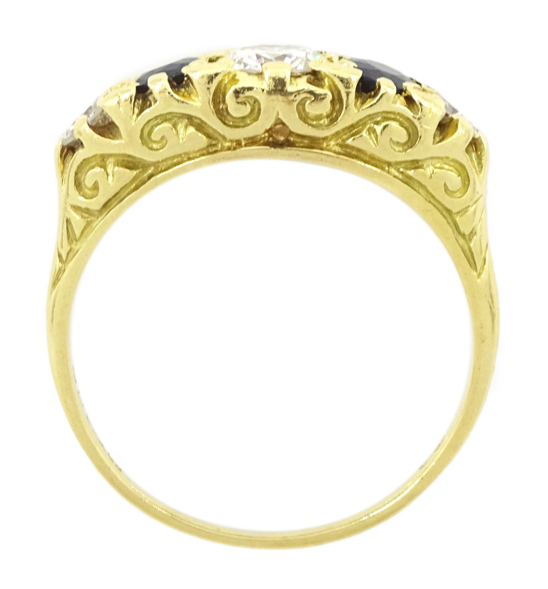 18ct gold five stone round brilliant cut diamond and sapphire ring, London 1975, total diamond weight approx 0.60 carat