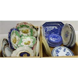  19th century part dessert service, green moulded borders with landscape painted panels pattern no. 3985, Coalport Batwing pattern plate, Burleigh Ware Willow pattern blue and white tableware and other 19th century and later plates and ceramics  