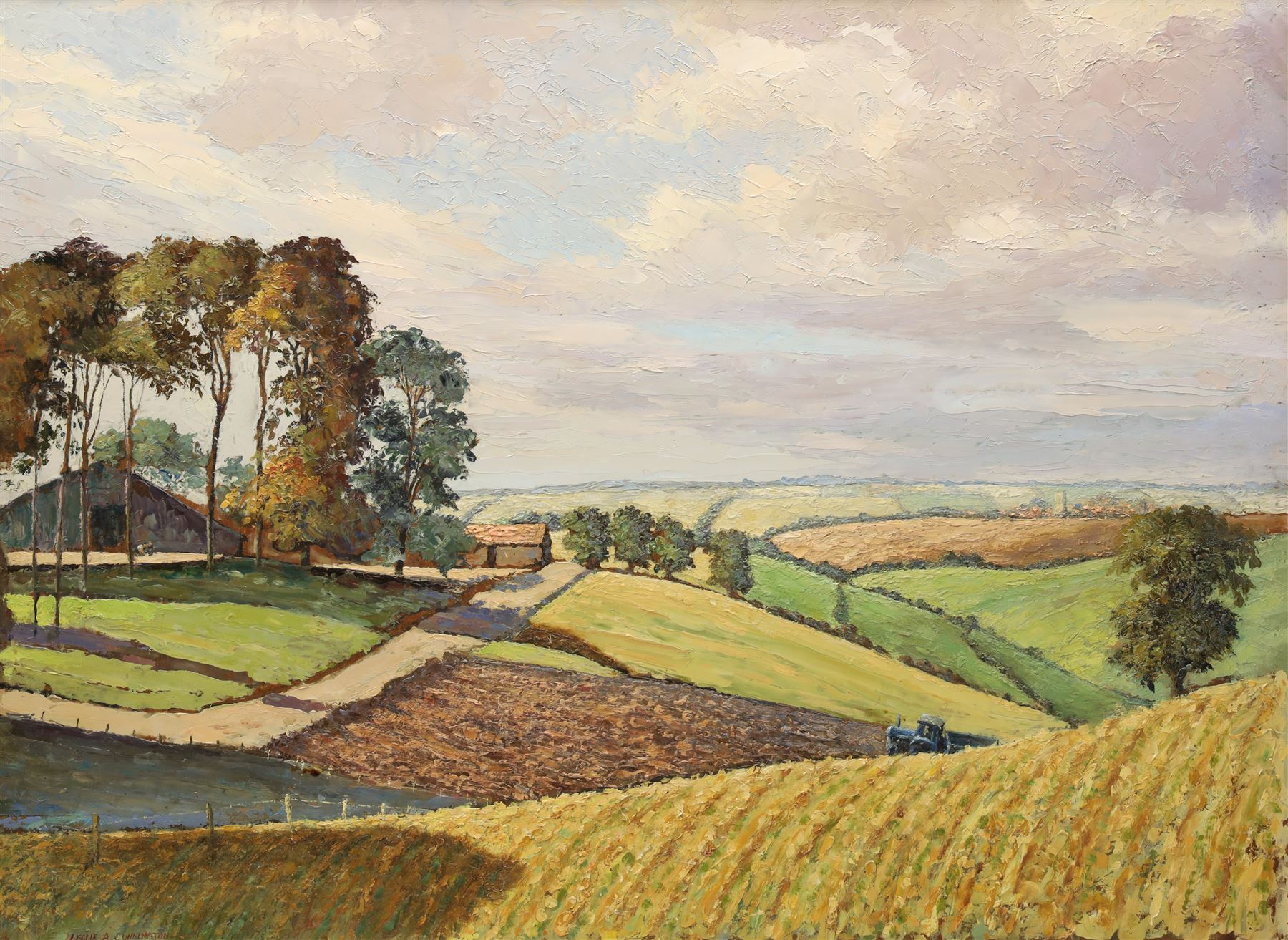 Leslie A Cunnington (20th century): 'Caistor from Normanby-le-Wold' Lincolnshire, oil on board signed, titled on label verso 50cm x 69cm