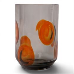 Whitefriars cylindrical vase in smoky brown with orange applied spots designed by Geoffrey Baxter, H19cm