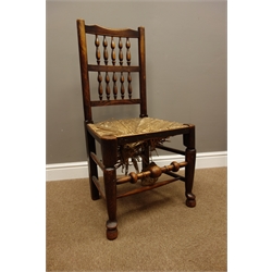  Set four early 19th century Lancashire/Cheshire country elm spindle back chairs, with rush seats  