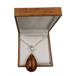 Silver pear shaped Baltic amber pendant necklace, stamped 925, boxed 