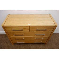  Modern light oak chest, of two short and three long drawers, stile supports, W110cm, H85cm, D45cm  