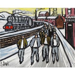 Phil Lewis (Northern British Contemporary): 'Miners Returning Home from Work at the Pit', oil on canvas signed, titled verso 20cm x 25cm (unframed)