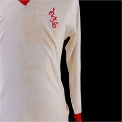 1960s Scarborough FC long sleeved football shirt, all white with red cuffs and collar, red umbro logo, stitched red SFC logo and red number 13 to back, with Umbro International label inside collar