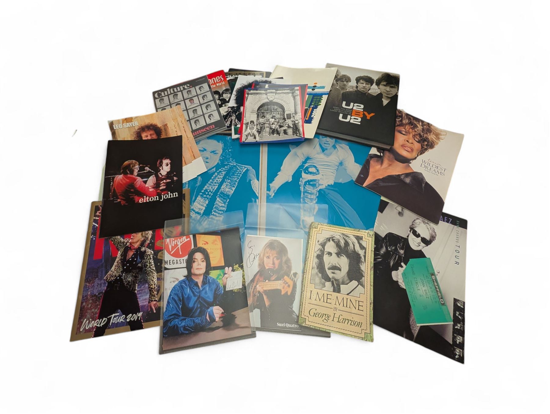 Music memorabilia, comprising signed photographs, including Leo Sayer and Suzie Quattro,  tour programmes, including Rod Stewart and Tina Turner, U2 book, two metal Michael Jackson posters and photographs 