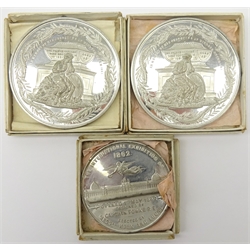  Three commemorative medals by Ottley, Birmingham one commemorating the opening of the 1862 International Exhibition 'The International Exhibition of 1862' and two commemorating the death of Prince Albert 'In Memory of His Obsequies at Windsor, Decem 1861', all in original boxes  