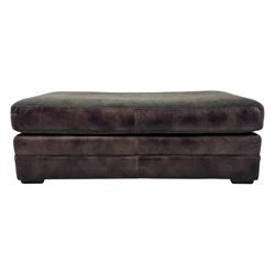 Large Knole design three-seat sofa upholstered in brown leather with scatter cushions upholstered in contrasting striped and Union Jack patterned fabric, on block feet (W210cm, H100cm, D102cm); together with matching rectangular footstool (135cm x 75cm, H45cm)