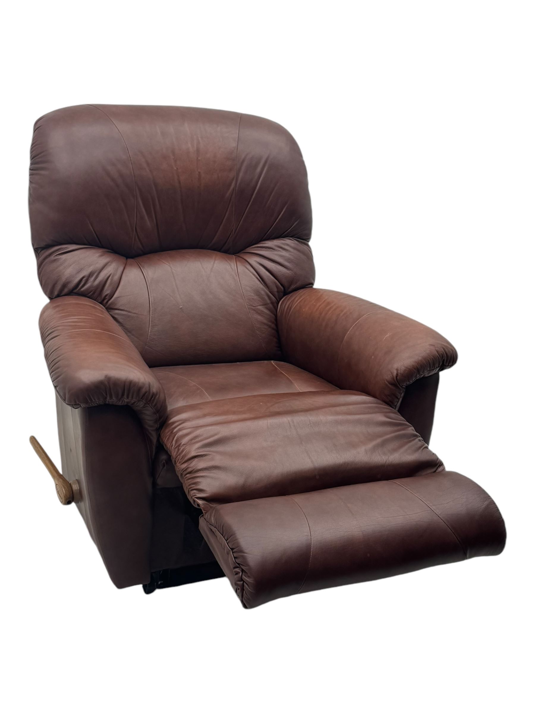 La-Z-Boy - manual reclining three piece suite - two seater sofa (W165cm, H105cm); and two armchairs (W98cm), upholstered in brown leatherette