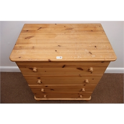  Solid pine narrow chest, four drawers, bun feet, W75cm, H87cm, D47cm  
