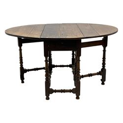 18th century oak drop leaf table, oval top with two drop leaves and frieze drawer, raised on turned supports with turned stretchers
