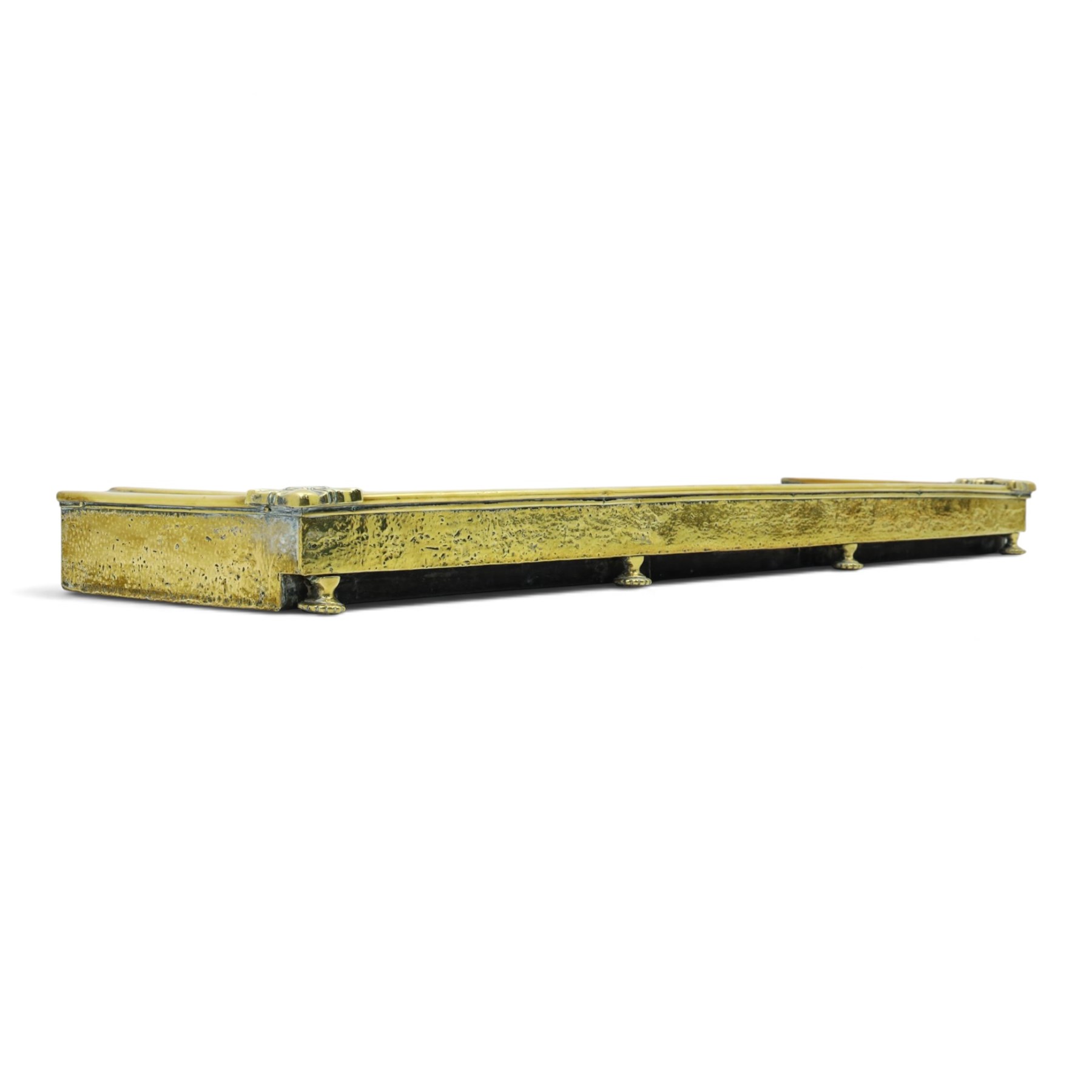 Two Edwardian brass fire curbs, comprising a decorative example with pierced vertical frieze, applied Tulips (H 21cm, W 126cm, D 32cm), together with a hammered moulded example with acanthus corners (H 12cm, W 138cm, D 37cm)
