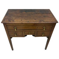18th century Welsh oak lowboy, fitted with long drawer above three small drawers, square tapering supports, with fan carved corner brackets, circular plate and drop handles 