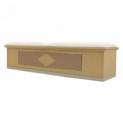 Contemporary maple veneered blanket box, twin upholstered lift-up lids revealing lined storage compartment, geometric panelled front on plinth base
