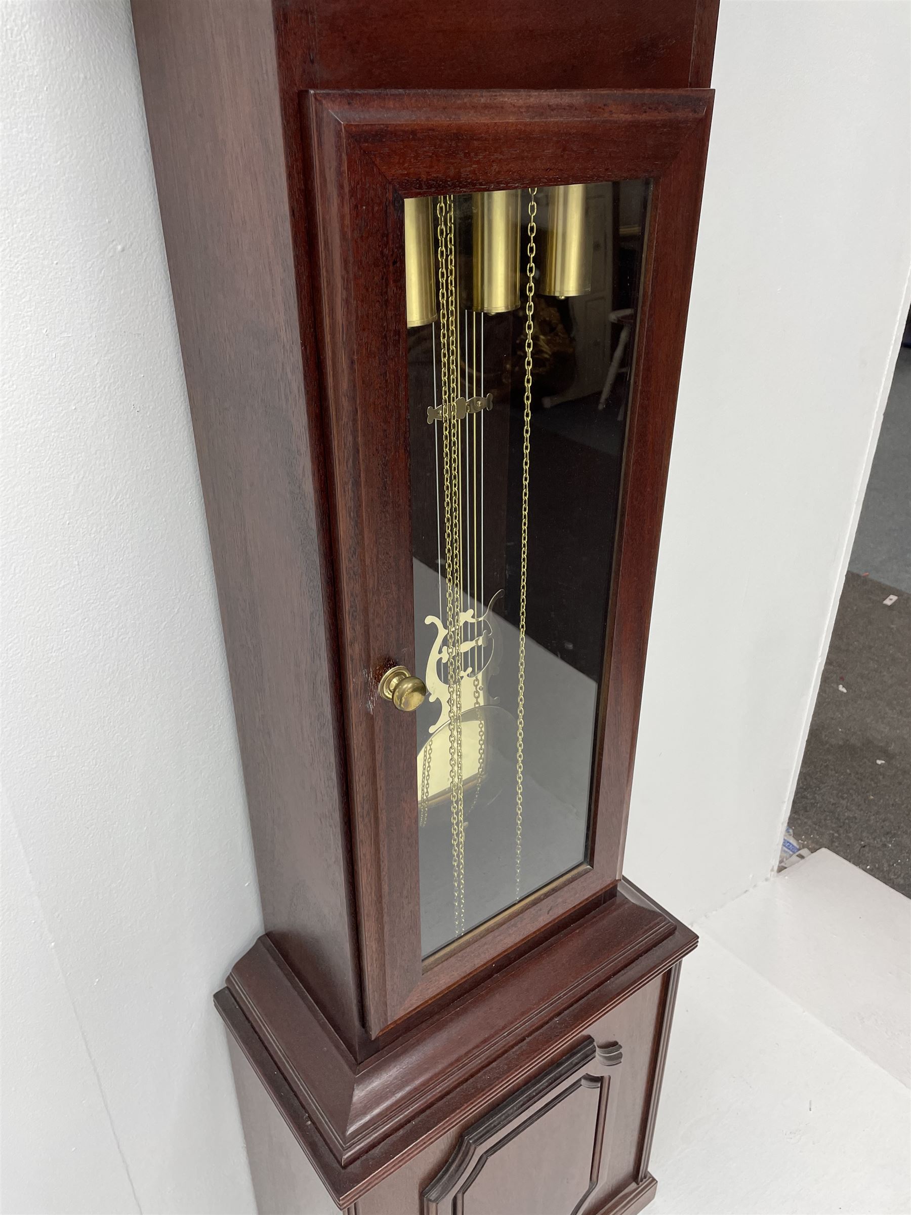 Fenclocks Suffolk - contemporary mahogany longcase clock, stepped arch hood with plain pilaster columns, moon phase dial and silvered Roman chapter ring, with chime set/silent lever, triple weight driven quarter chiming movement