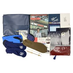 British Airways Concorde - inflight complimentary amenity pack including footwear, menu, stationery, three photographic slides, luggage label, cocktail stirrers, eye shades, fact sheet etc; in original branded blue vinyl bag with used 18th September 1977 ticket from Bahrain to London; together with a Singapore Airlines amenity kit bag with contents