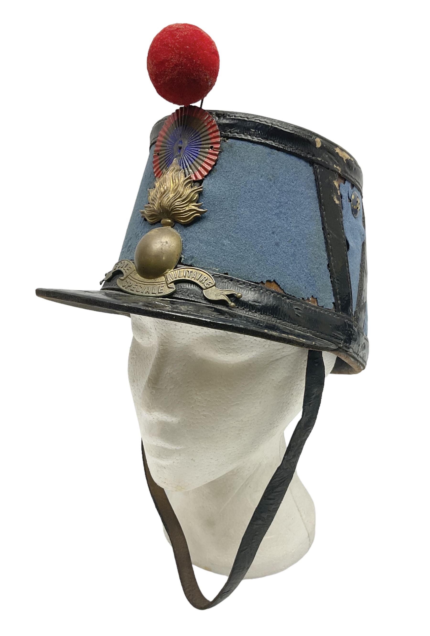 WW1 French Ecole Speciale Militaire Saint-Cyr shako with metallic tricolor cockade and scarlet pompom c1914