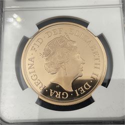 Queen Elizabeth II 2015 gold proof five sovereign coin, encapsulated and graded by NGC 'PF 70 Ultra Cameo one of first 250 struck'