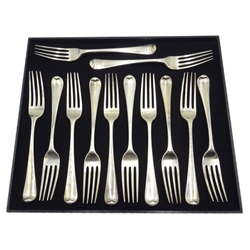  Set of twelve silver forks Hanoverian pattern by Richard Crossley London 1793 from an officers' mess inscribed 'tria juncta in uno' approx 29.5oz  
